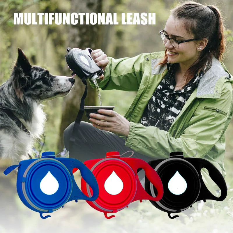 5-in-1 Dog Leash: Water Bottle, Bowl, Waste Bag Hook & Dispenser