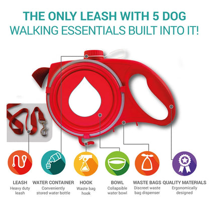 5-in-1 Dog Leash: Water Bottle, Bowl, Waste Bag Hook & Dispenser